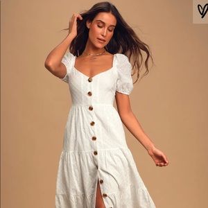 White Eyelet Lace Button Front Tiered Midi Dress